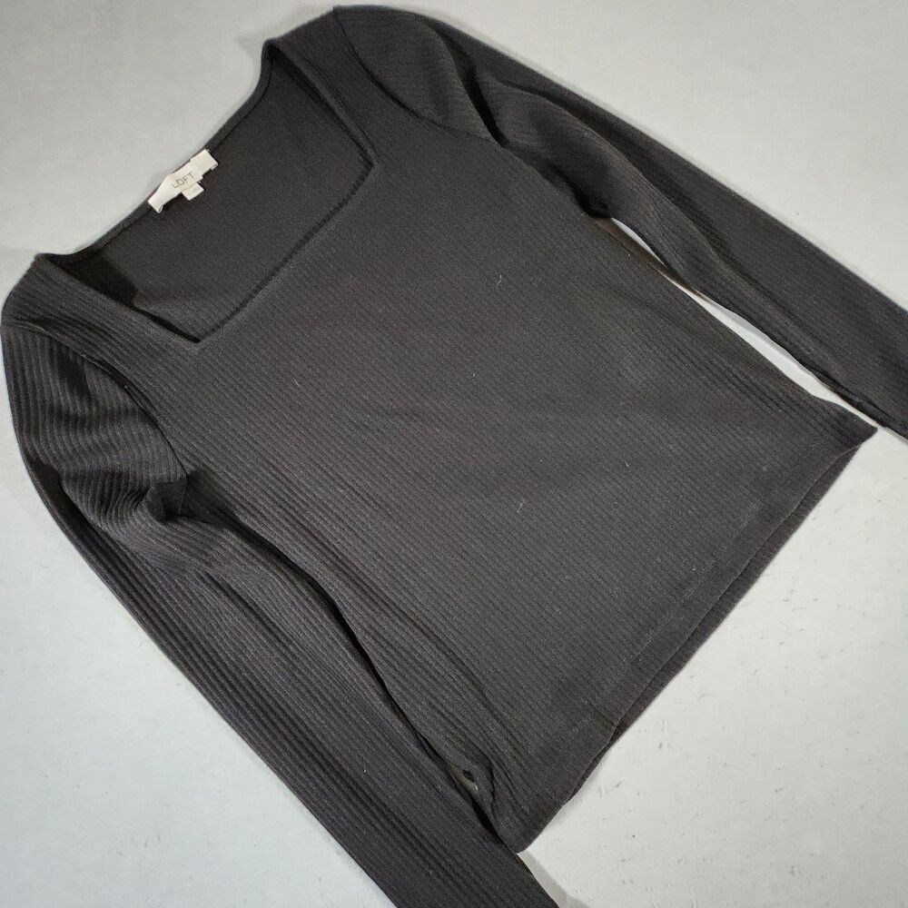 Loft Black Long Sleeve Stop Square Neckline and Ribbed Texture Size L